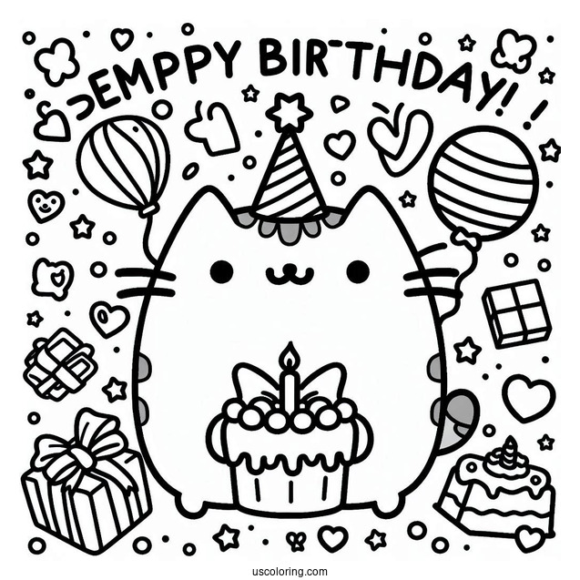 Pusheen Happy Birthday Coloring Page