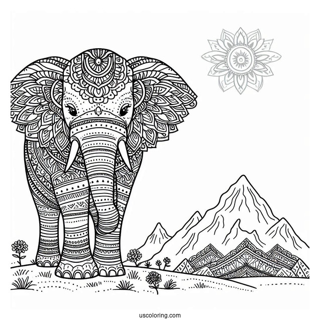 Mandala Elephant Standing Next To Mountain