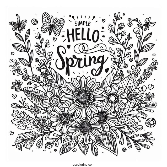 Hello Spring Coloring Page Flower Bouquet