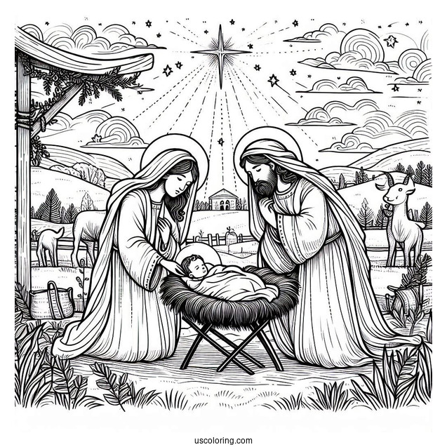 Nativity Coloring Page Of Three Magis Visiting Newborn Jesus In The Manger