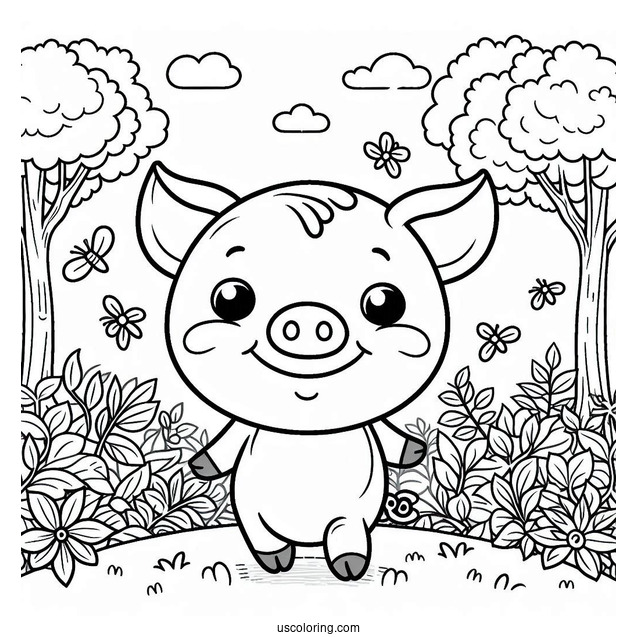 Smiling Piglet Coloring Page In A Forest