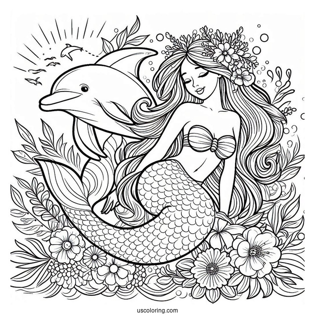 Mermaid And Dolphin Coloring Page