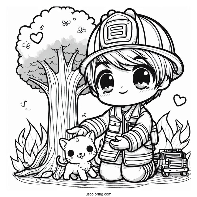 Heroic Chibi Coloring Page Firefighter Saving a Kitten from a Tree
