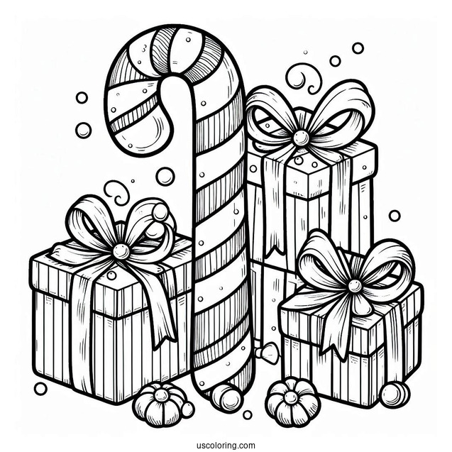Candy Cane With Christmas Presents To Color