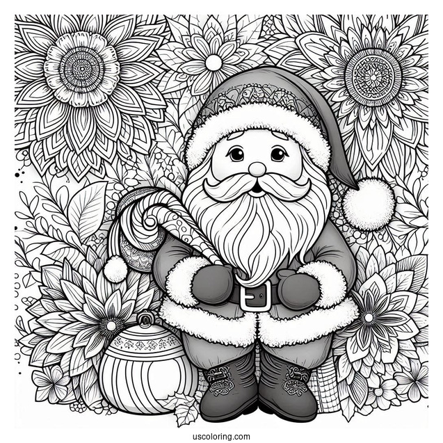 Santa Claus In Front Of A Beautiful Flower Christmas Mandala Coloring Page