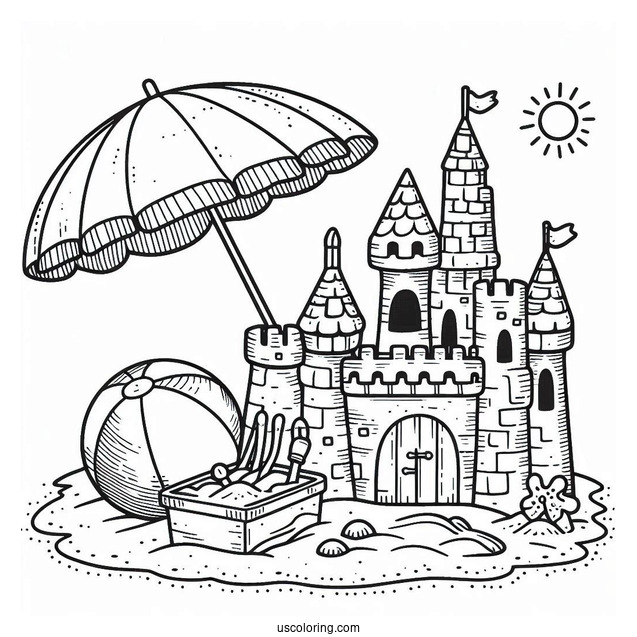 Easy Sand Castle With Umbrella And Beach Ball Coloring Sheet