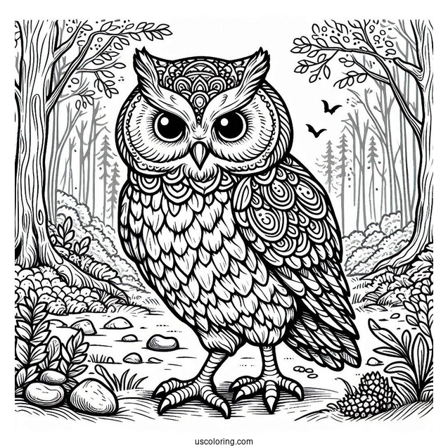 Large Owl Walking On Forrest Floor