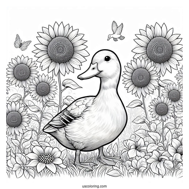 Realistic Duck in a Field of Sunflowers