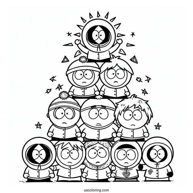 South Park Coloring Page Of Kenny, Kyle, Stan, Tolkein, Eric, And Butters Forming Pyramid