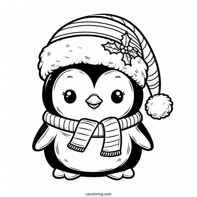 Baby Penguin Wearing Santa Hat Coloring In