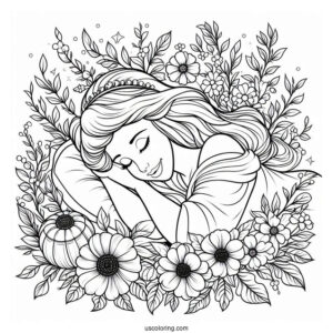 Sleeping Beauty Coloring Page Surrounded By Flowers