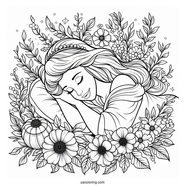 Sleeping Beauty Coloring Page Surrounded By Flowers