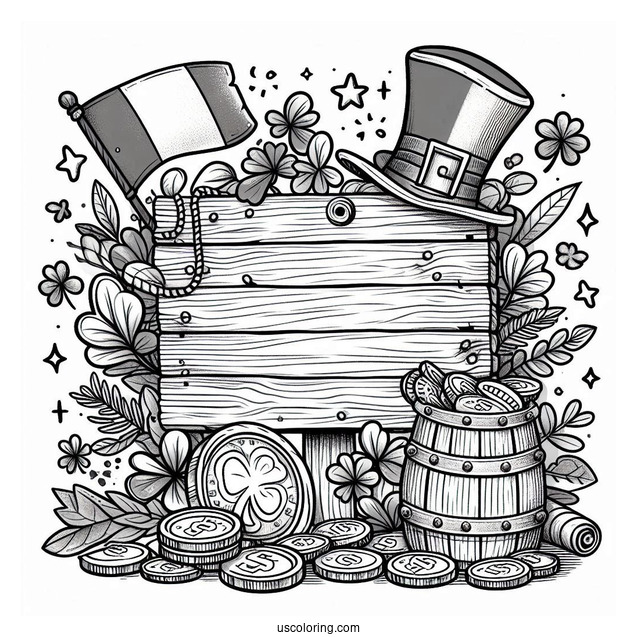 St. Patrick's Day Coloring Page Of St Patrick s Day Wooden Sign With Leprechaun Hat, Shamrocks, Irish Flag, And Gold Coins