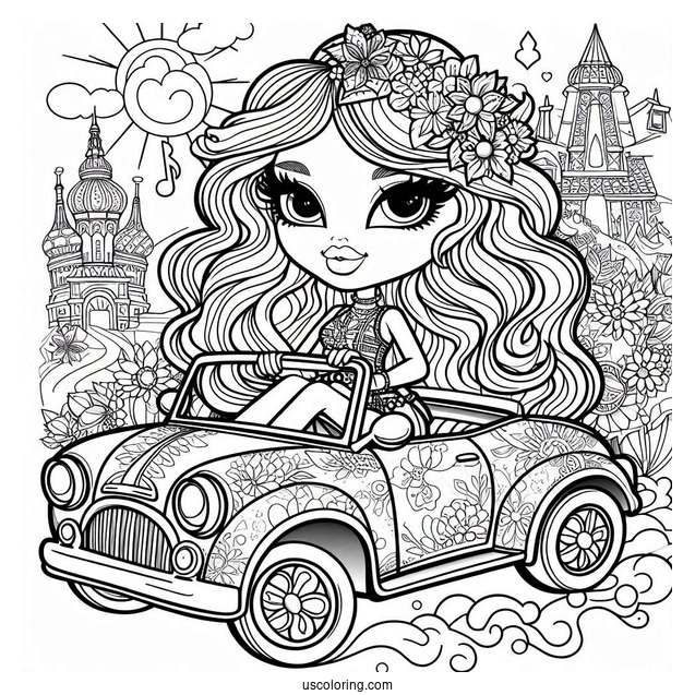 Bratz Dolls Riding Car Coloring Sheet