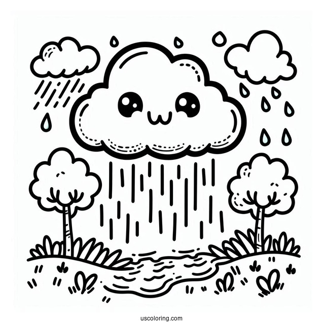 Cartoon Cloud And Rain Coloring Page