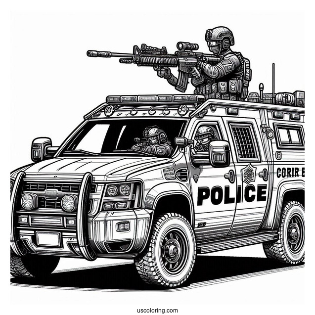 Police Car Coloring Page Of Realistic SWAT Vehicle With An Armed Agent Outside