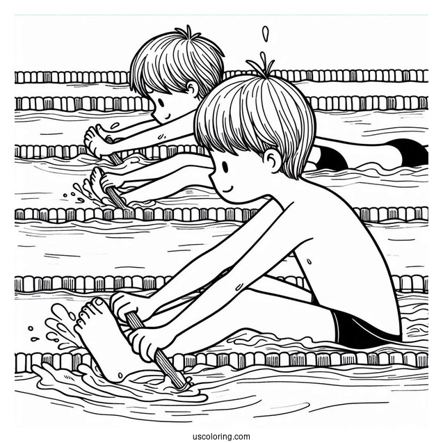 Swimming Coloring Page Of Children Holding Onto Lane Lines While Paddling Feet