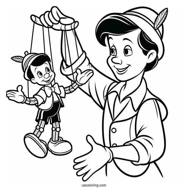 Geppetto Controlling Puppet Pinocchio Coloring Page