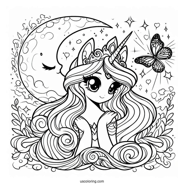 Princess Luna Coloring Page Surrounded By Stars And Butterflies