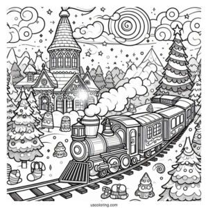 North Pole Coloring Page Express Train Going Through Candyland