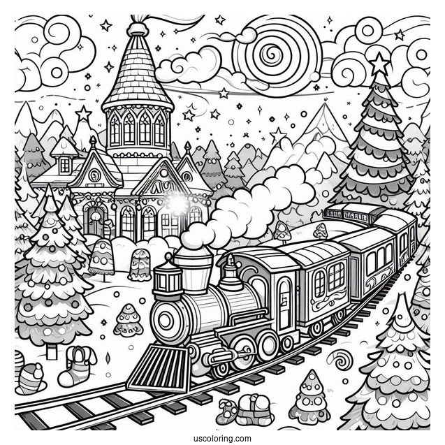 North Pole Coloring Page Express Train Going Through Candyland