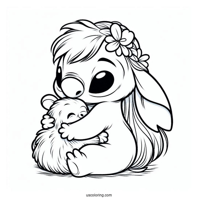 Stitch Hugging A Furry Capybara Coloring Page For Kids