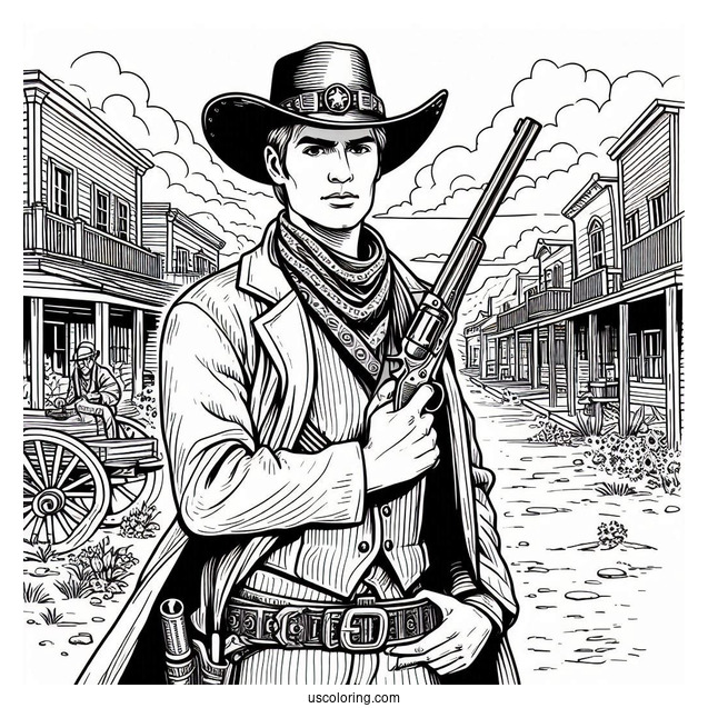 Cowboy Coloring Page Holding Gun In Old West Town