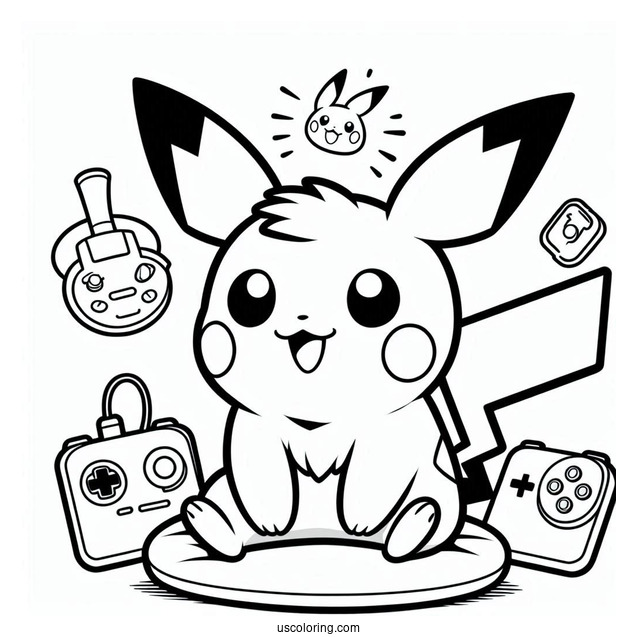 Smiling Pichu Coloring Page With Game Boy In The Background