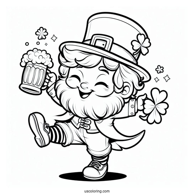 St. Patrick's Day Coloring Page Cheerful Leprechaun Dancing