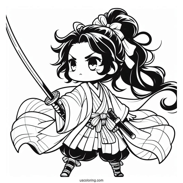 Fierce Young Chibi Coloring Page Samurai in Battle Robes