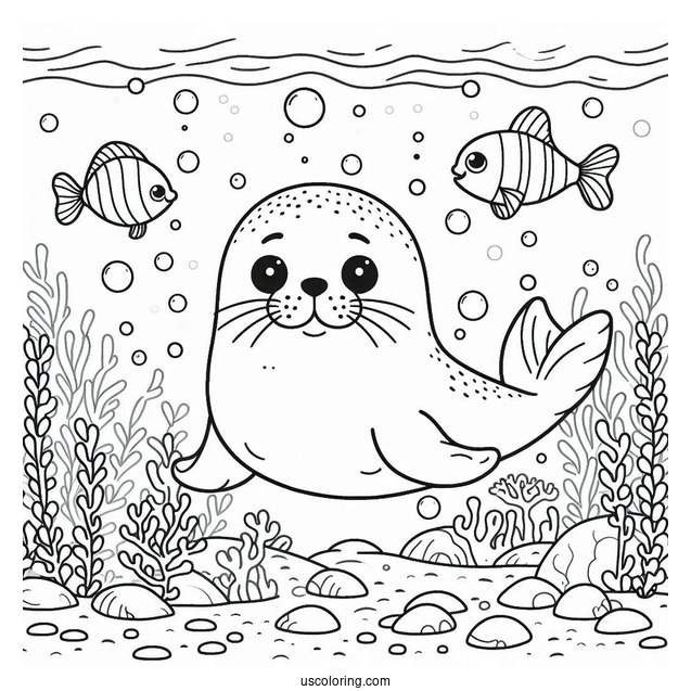 Happy Seal Coloring Page Underwater With Fish