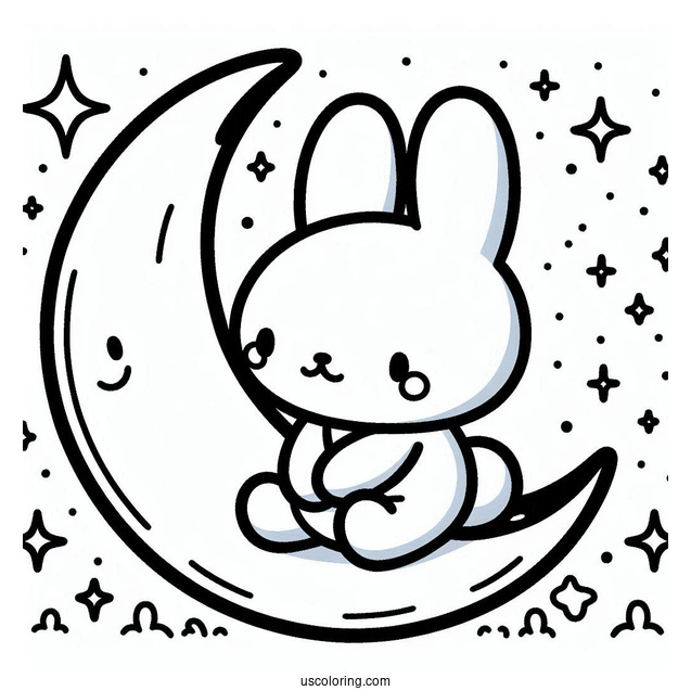 Kawaii Miffy Coloring Page Sitting On A Crescent Moon For Preschoolers