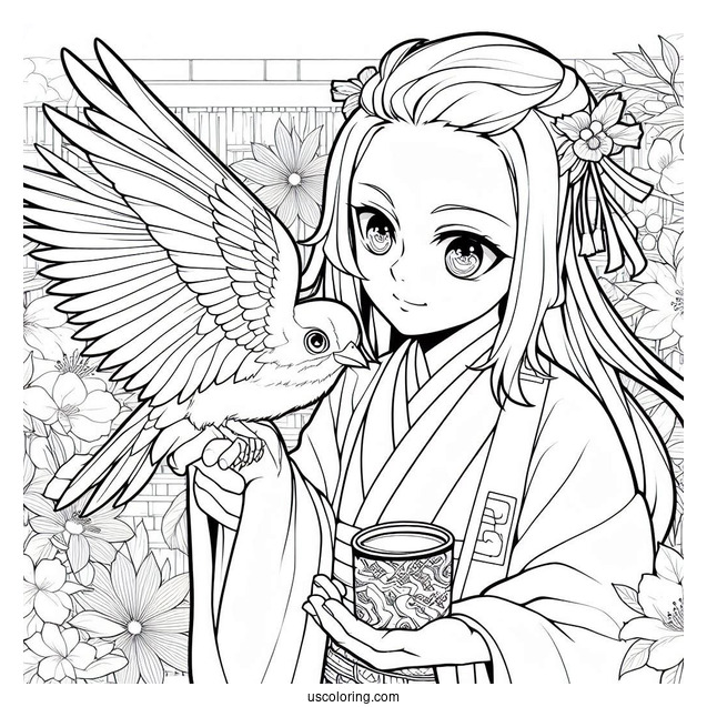 Nezuko Coloring Page And Tanjiro Holding Bird