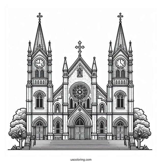 Exterior Of A Big Protestant Church Coloring Page With Clock Towers