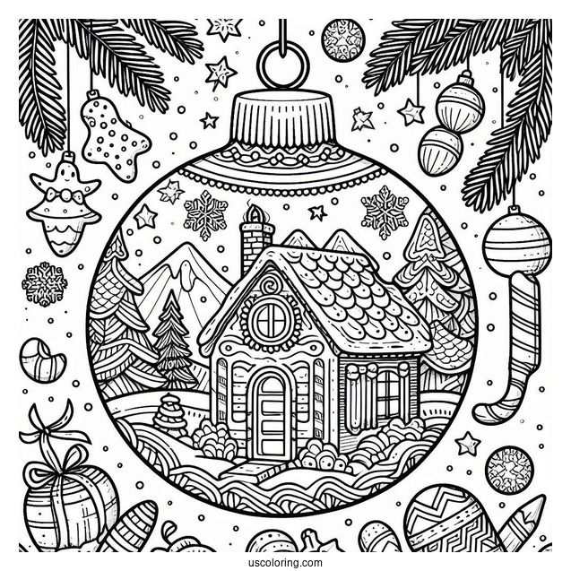 Christmas Coloring Pages For Adults Of Christmas Bauble With Gingerbread House Inside