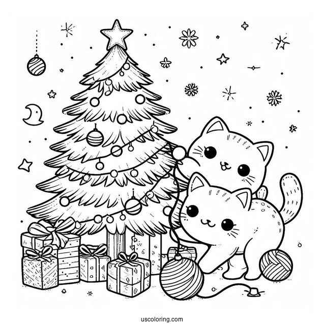 Cats Playing With Christmas Tree Coloring Sheet