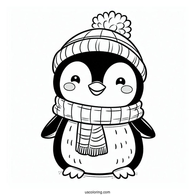 Happy Little Penguin Wearing Scarf Coloring In