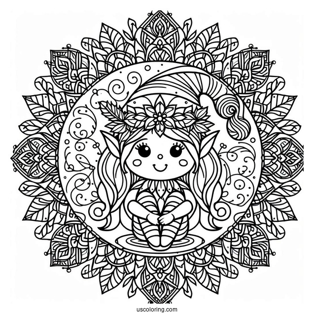 Elf Inside A Festive Christmas Mandala Coloring Page