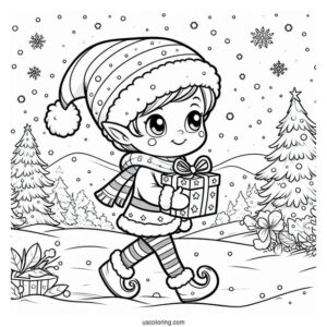 Elf Holding Present Walking In The Snow