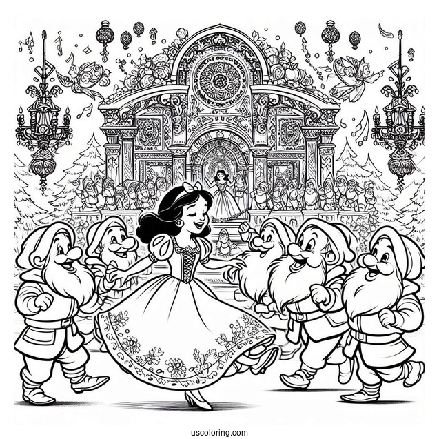 Snow White Coloring Pages Dancing With The Dwarves