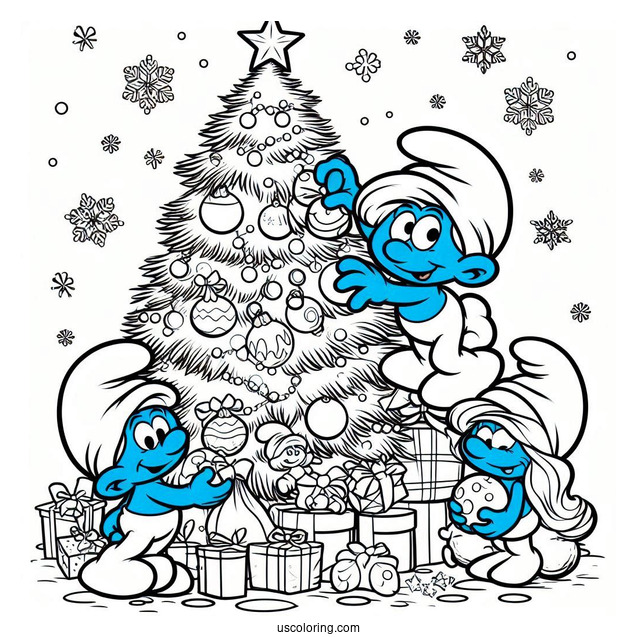 The Smurfs Decorating Christmas Tree Coloring Page