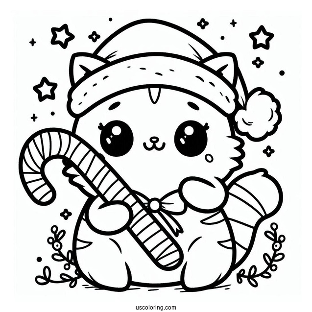 Kawaii Cat With Santa Hat Holding A Candy Cane Coloring Page For Preschoolers