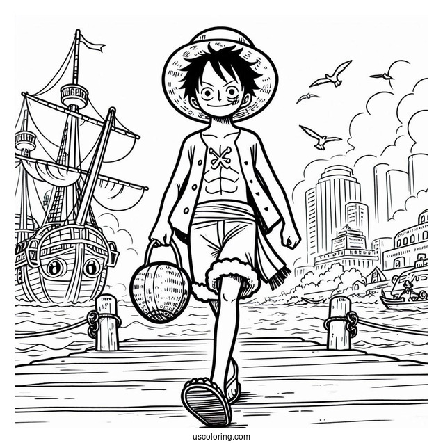 One Piece Coloring Page Of Simple Luffy Walking On Port For Kids