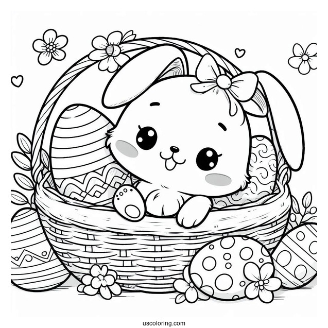 Baby Coloring Page With Bunny Ears In A Basket With Easter Eggs