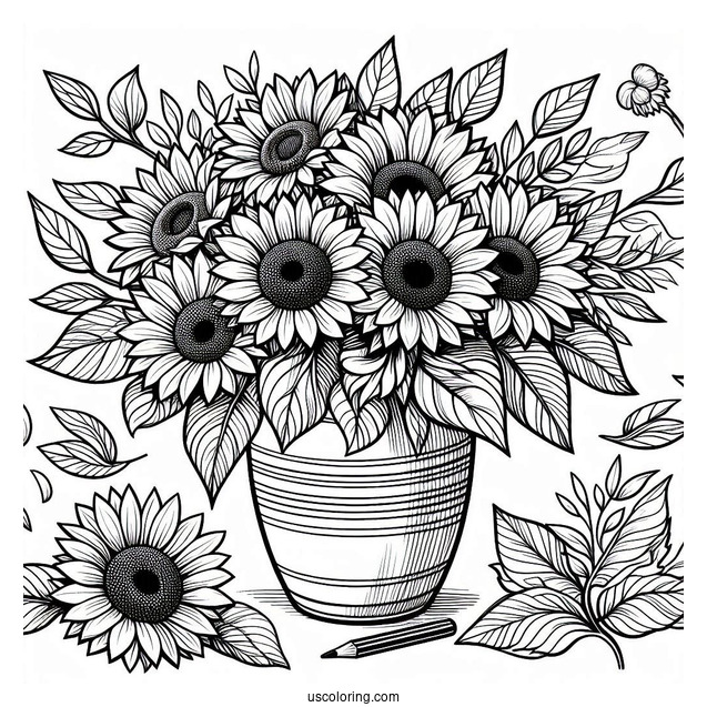 Vase Of Sunflowers For Coloring In