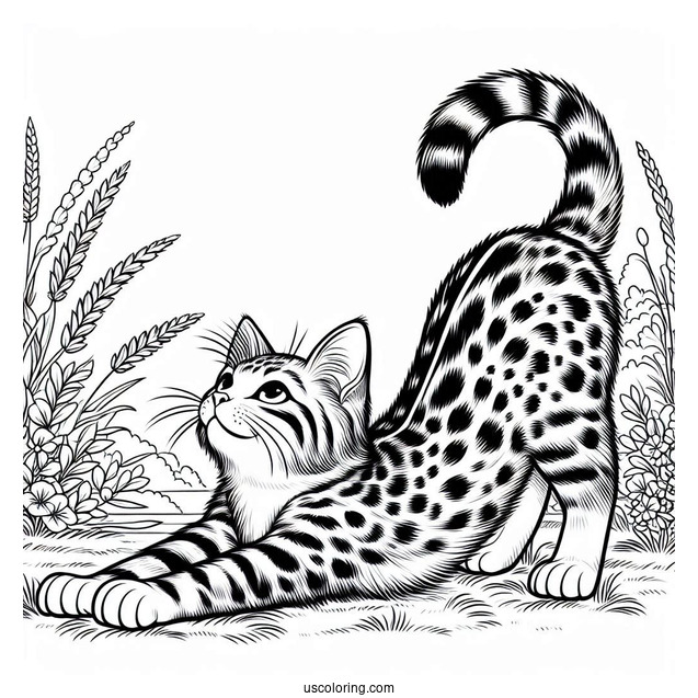 Spotted Cat Stretching In Backyard Coloring In