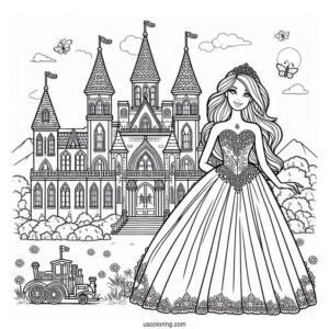 Princess Barbie In Front Of Castle To Color
