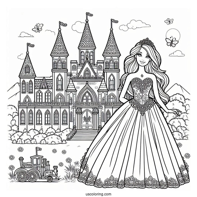 Princess Barbie In Front Of Castle To Color