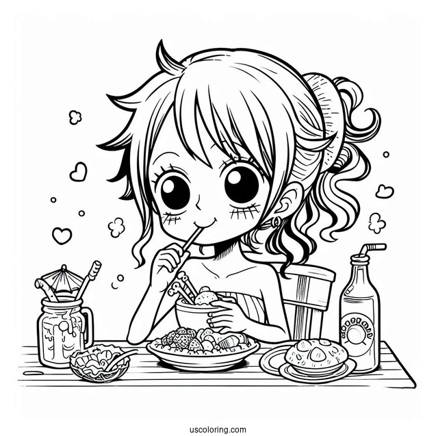 Luffy Coloring Page Eating And Drinking With Nami
