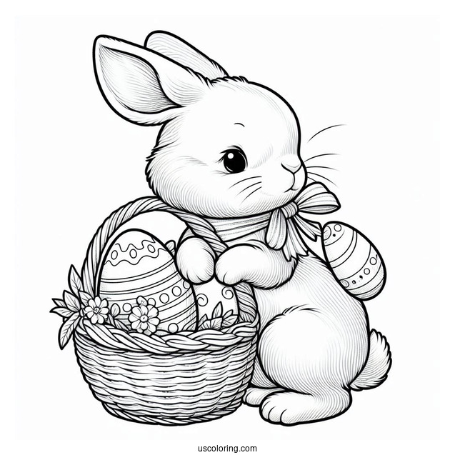 Realistic Bunny Carrying A Basket Of Easter Coloring Page Of Eggs